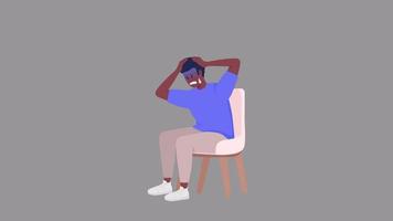 Animated nervous guy character. Media overload. Stressful news. Full body flat person on grey background with alpha channel transparency. Colorful cartoon style HD video footage for animation