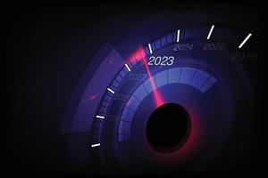 New year 2023 car speedometer, red indicator on black blur background vector