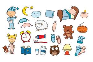 kids drawing Vector illustration set of sleep time, bed time icon in doodle style