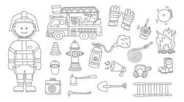 Hand drawn kids drawing vector illustration set of fireman firefighter supplies and equipment with firetruck