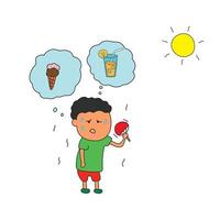 ilustración vectorial de un niño en un clima caluroso de verano que quiere helado y jugo fresco vector