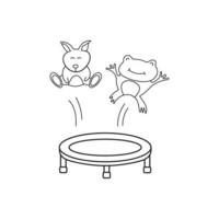 hand drawn vector illustration of frog and kangaroo jumping on trampoline