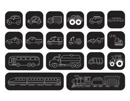 conjunto de ilustraciones vectoriales de vehículos de transporte e iconos de trenes con líneas blancas sobre fondo oscuro vector