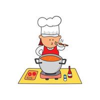 niños dibujando ilustraciones vectoriales de un chef cocinando una sopa en la cocina vector