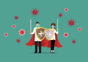 médicos con espada de escudo se preparan para combatir el coronavirus vector
