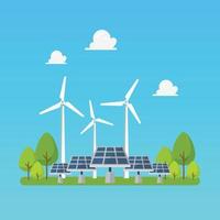 Green energy windmills and solar panels vector