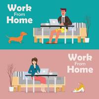 Man and woman working on a laptop from home vector