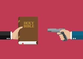 el hombre sostiene la sagrada biblia y otro hombre sostiene el arma vector