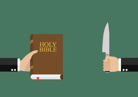 Man hold holy bible and other man hold knife vector