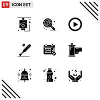 Pack of 9 creative Solid Glyphs of security usa media sports baseball Editable Vector Design Elements