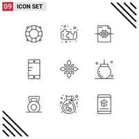 Pack of 9 Modern Outlines Signs and Symbols for Web Print Media such as hindu decoration setting decorate school Editable Vector Design Elements