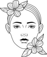 Female vector portrait illustration with flowers, line art.