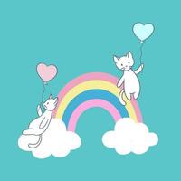 Cute cartoon cats sitting on a rainbow holding on to balloons, vector illustration