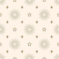 Celestial print, sun vector pattern, golden background with stars, seamless repeat