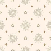 Celestial print, sun vector pattern, golden background with stars, seamless repeat