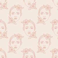 Female portrait vector repeat pattern, beauty theme, illustrated face with flowers, pink repeat tile