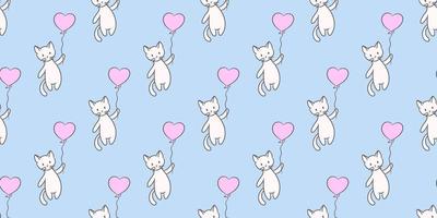 Cute cat holding on to a balloon seamless vector pattern background
