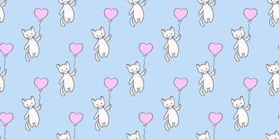 Cute cat holding on to a balloon seamless vector pattern background