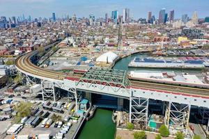 Panoramic view of the Gowanus Canal in Brooklyn with the Gowanus Expressway and Manhattan in the background. photo