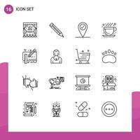 Set of 16 Commercial Outlines pack for avatar ruler cafe pencil document Editable Vector Design Elements