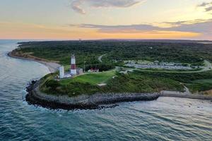 Aerial view of Montauk Lighthouse and beach in Long Island, New York, USA. photo