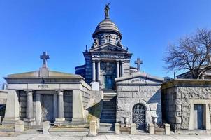 New York City - Feb 23, 2020 -   Calvary Cemetery with Manhattan skyline in New York. Calvary Cemetery is a cemetery in Queens, containing more than 3 million burials. photo