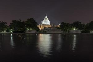 el edificio del capitolio de estados unidos bajo andamios como se ve a través de la piscina reflectante en la noche en washington, dc. foto