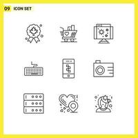 Pack of 9 Modern Outlines Signs and Symbols for Web Print Media such as communications education biology hardware key Editable Vector Design Elements