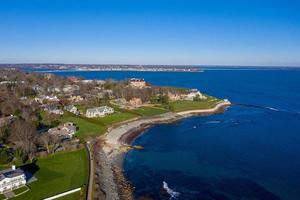 Aerial view of the rocky coast and cliffwalk of Newport, Rhode Island. photo