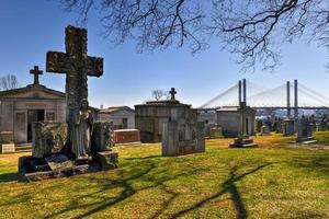 New York City - Feb 23, 2020 -   Calvary Cemetery with Manhattan skyline in New York. Calvary Cemetery is a cemetery in Queens, containing more than 3 million burials. photo