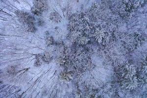 Aerial view looking down at snow covered forests of Vermont in the winter. photo