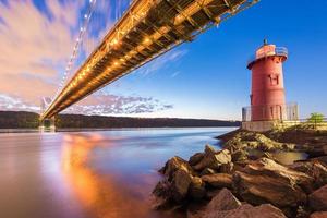 George Washington Bridge and the Red Little Lighthouse in Fort Washington Park, New York, NY in the evening. photo