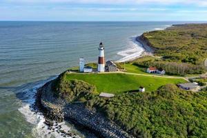 Aerial view of the Montauk Lighthouse and beach in Long Island, New York, USA. photo