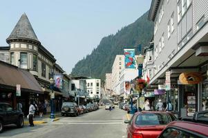 Juneau, Alaska - August 14, 2005 -  Streets of downtown Juneau in the summer with shops open to tourists. Juneau is the capital city of Alaska. photo