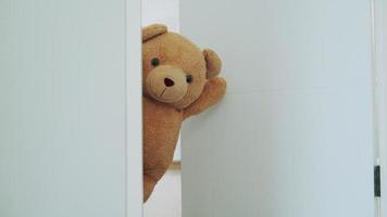 Concept for kid. A brown teddy bear poked his face from behind the wall. The brown teddy bear poke a face next to the door the face of teddy bear look smile. teddy bear hidden inside the room. video