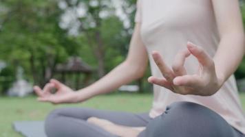 frau, die meditiert über den park übt. asiatische frau, die morgens übungen macht. Gleichgewicht, Erholung, Entspannung, Ruhe, gute Gesundheit, glücklich, entspannen, gesunder Lebensstil, Stress abbauen, friedlich, Haltung. video