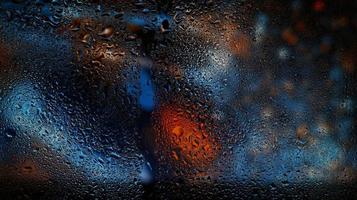 Purple Neon Blurred Lights Through Glass Window With Raindrops On It in Karachi Pakistan 2022 photo