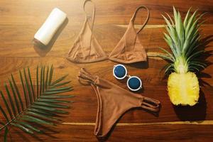 Flat lay of different items for beach vacations photo