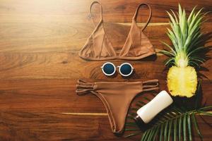 Flat lay of different items for beach vacations photo