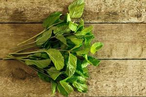 Bunch of fresh mint on wooden table photo