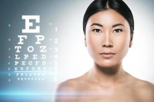 Asian woman and eye chart for sight test. photo