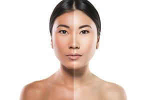 Difference in skin brightness. Concept of facial whitening or sun protection. photo