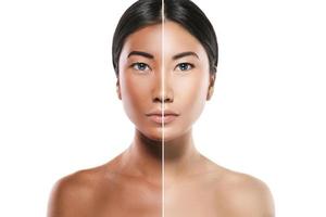 Difference in skin brightness. Concept of facial whitening or sun protection. photo