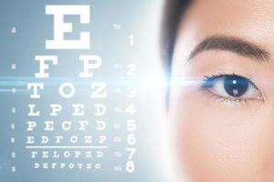Asian woman and eye chart for sight test. photo
