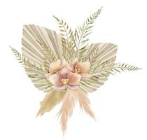 Watercolor Bouquet of Flowers with dried Palm Leaves and Orchids in boho style. Hand drawn floral illustration of tropical plants with pampas grass in beige pastel colors for wedding invitations vector