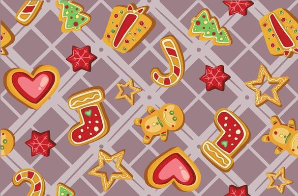 Colorful beautiful Christmas cookies icons seamless pattern. Sweet decorated new year backings background - gingerbread man star santa snowflake christmas tree ball sock.