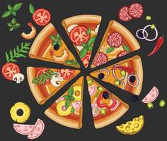 Set of pizzas with various fillings. illustration. Vector