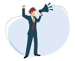 businessman talking using megaphone. illustration of a person expressing an opinion. man using loudspeaker vector