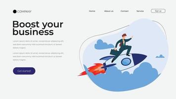businessman standing a rocket. website landing page. boost your business vector