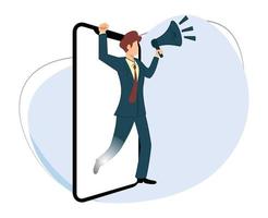 hombre de negocios que sale de la pantalla del teléfono celular usando la ilustración de vector de promoción de megáfono usando el teléfono móvil. ilustración de un hombre haciendo una promoción usando un megáfono